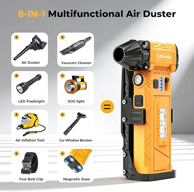 Electric Air Duster, 180000RPM Brushless Motor, Rechargeable Compressed Air Duster with 8000mAh Battery, Stepless Speed Control, 7-Mode Light Mini Blower for PC, Car, Home, Outdoor