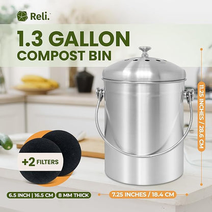 Reli. Countertop Compost Bin with Lid (1.3 Gallon) | Compost Bin Kitchen | 2 Charcoal Filters | Countertop Composting Bucket, Stainless Steel | Food Waste, Composting | Ergonomic Handle, Odorless