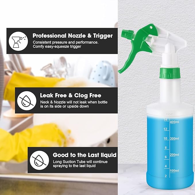 Eccliy 12 Pcs 16 Oz Plastic Spray Bottle, Adjustable Empty Reusable Sprayer for Cleaning, Planting, Water, Bathroom and Kitchen, BBQ, Commercial and Residential (Measurement,Multicolor)