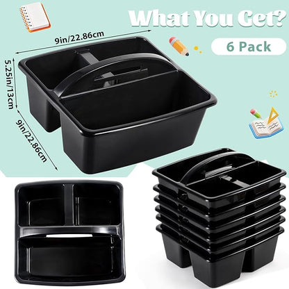 6 Pack Classroom Caddy with Handle Plastic Storage Caddy Organizer with 3 Compartments Desk Caddies Holder Portable Storage Bin for Pencil, Crayon, Marker, Home, Office, School Supplies(Black)