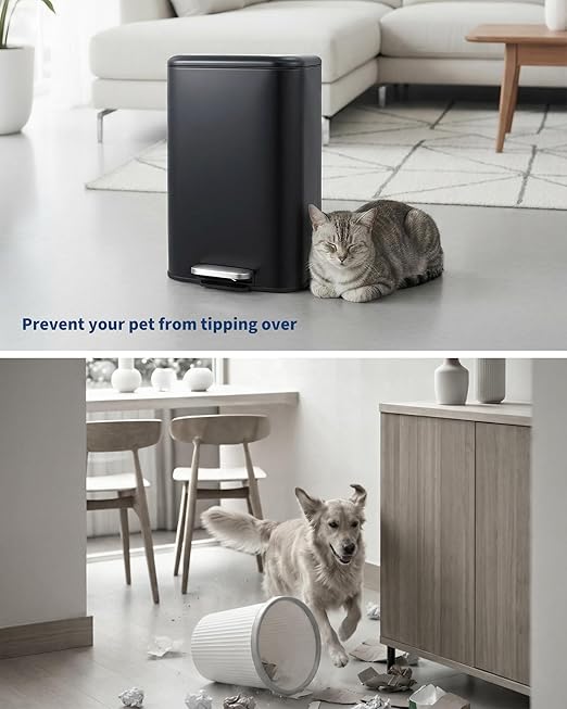 OUTLANE Bathroom Trash Can with Lid Soft Close, Step Pedal, 30 Liter / 8 Gallon Kitchen Trash Can,Stainless Steel Trash Bin for Bedroom, Office, Kitchen, Black