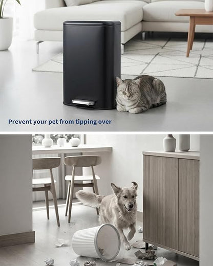OUTLANE Bathroom Trash Can with Lid Soft Close, Step Pedal, 30 Liter / 8 Gallon Kitchen Trash Can,Stainless Steel Trash Bin for Bedroom, Office, Kitchen, Black