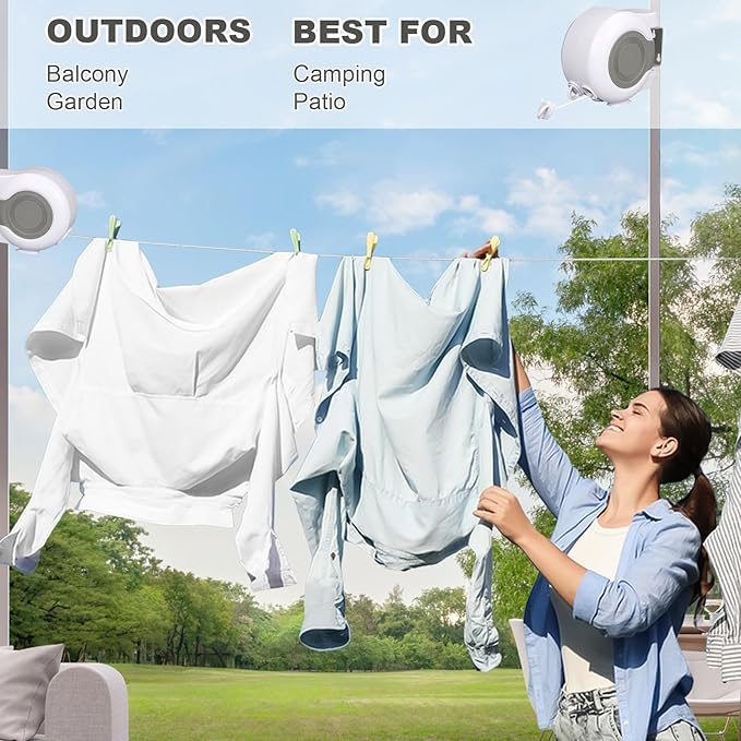 Retractable Clothesline Outdoor - 2x49 Feet Heavy Duty Dual Clotheslines for Outside Laundry Drying, Wall-Mounted & Portable Installation