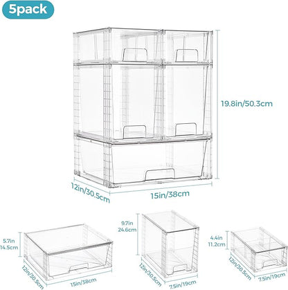 Vtopmart 6 Pack Clear Stackable Storage Drawers,Easy to Assemble Baby Bottle with handles,Plastic Drawers for Kitchen Pantry,Cabinet,Under Sink Organization