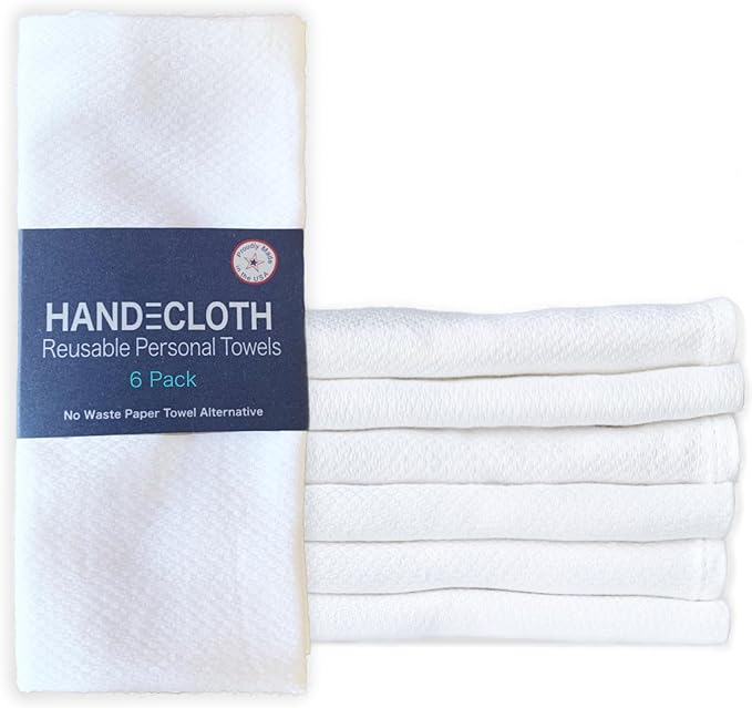 Reusable Cotton Paper Towel Alternative/Made in USA/Absorbent & Durable/Machine Washable/Small Bathroom Hand Towel/No Pilling/Birdseye Cloth/Zero-Waste Home/Plastic-Free/White (6 Pack)