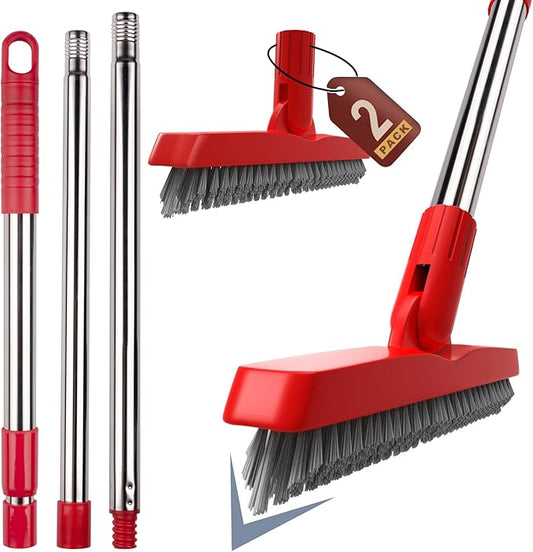 2 Pack Grout Brush with Long Handle, Swivel Cleaning Grout Line Scrubber - Extendable Durable Handle Grout Cleaner Brush for Bathroom,Tile,Baseboard,Walk in Shower,Corner & Narrow Space (Red)