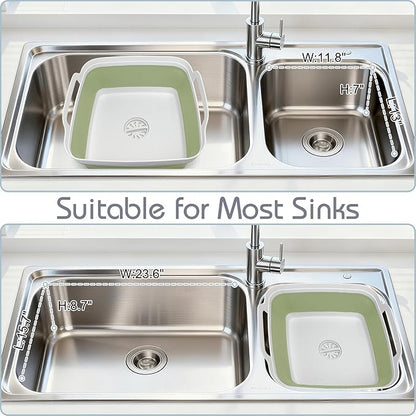 2.4 Gal(9L) Collapsible Dish Basin with Drain Plug, Space Saving Outdoor Multiuse Foldable Sink Tub, Dishpan, Kitchen Storage Tray for Camping, Vegetable Washing, RV (Green)