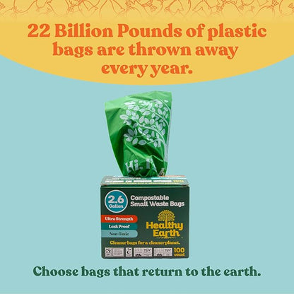 Healthy Earth 2.6 Gallon Compostable Trash Bags – 100 Count Small Trash & Kitchen Compost Bags for Countertop Bins, Extra Thick Plant-Based Food Scrap Liners, BPI & TÜV Certified ASTM D6400