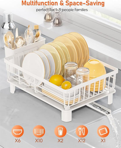 Dish Drying Rack for Kitchen Counter, Multifunctional Dish Rack with 360° Adjustable Spout, Kitchen Organizers and Storage with Cutlery Holder, White