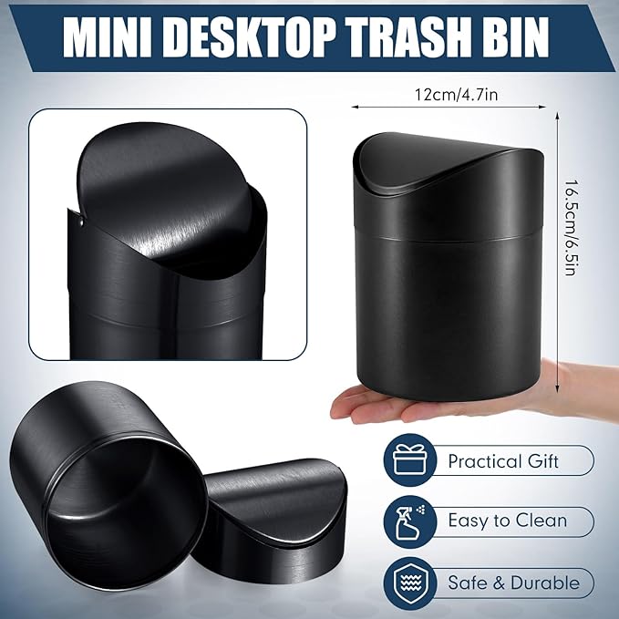 2 Pcs Desk Trash Can with Swing Lids, 12 Rolls of Trash Bags, 2L Brushed Stainless Steel Countertop Garbage Bin Small Wastebasket with Lid for Office Desk, Coffee Table (Black)