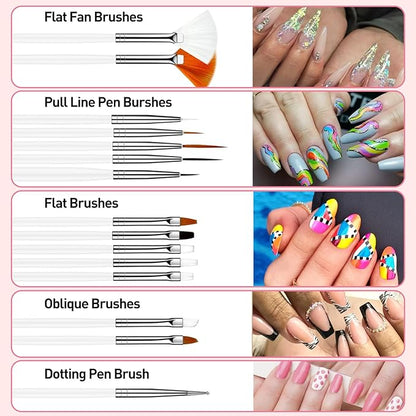 MUIIGOOD White Nail Art Brush 22 Pcs Set, 2 Head Acrylic Silicone Engraving Dotting Pen Tools Dust Brush, Striping Liner Drawing Pens, Resin Palette, for Nail Art DIY Home Salon Makeup Display Board