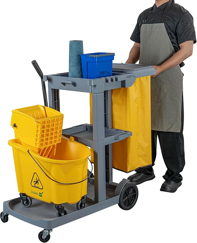 Restaurantware-Clean Tek Professional Janitor Cart with Wheels, 1 Cleaning Trolley with Cover and 18 Gallon Bag - 3 Shelves, Heavy-Duty, Gray Plastic Commercial Janitorial Cart, for Restaurants