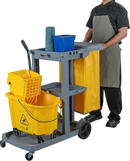 Restaurantware-Clean Tek Professional Janitor Cart with Wheels, 1 Cleaning Trolley with Cover and 18 Gallon Bag - 3 Shelves, Heavy-Duty, Gray Plastic Commercial Janitorial Cart, for Restaurants