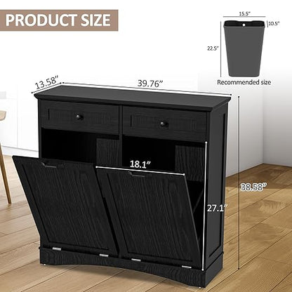 AHB Double Tilt Out Trash Can Cabinet Freestanding Kitchen Trash Can, 2x13 Gallons Hidden Garbage Recycling Cabinet with Hideaway Drawers Pet Proof Trash Can Holder for Kitchen, Black