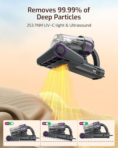 LED Display Mattress Vacuum Cleaner, 18Kpa Bed Vacuum Cleaner with 253.7nm UV-C Light, 149℉ Heat, Triple-Cup Versatile Handheld Vacuums for Bed Sofa Carpets Pet Hair