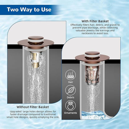 Hibbent Upgraded 3 in 1 Bathroom Sink Drain Strainer, Universal Pop Up Stopper with Removable Stainless Steel Filter Basket Hair Catcher, Sink Plug for 1.1''~2.36'' Basin, Brass Bullet Core, Rose Gold