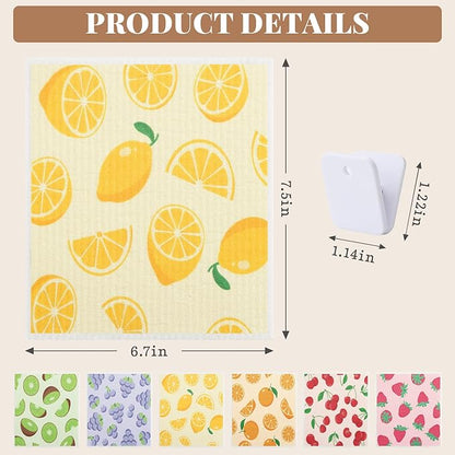 Homaxy Swedish Dishcloths for Kitchen, 6 Pack Fruit Reusable Paper Towels with Clips, Absorbent Cellulose Sponge Dish Cloths for Washing Dishes, Non-Scratch & Odor-Free Dish Rags