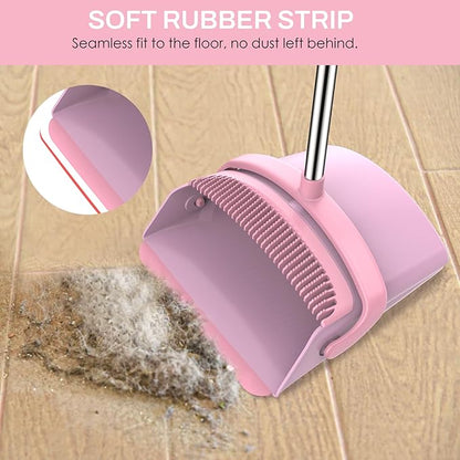 Broom and Dustpan Set for Home, 51-in Long Adjustable Handle Angle Broom and Dustpan Combo Set with Dust Pan Teeth to Clean Hair for Home Kitchen Office Lobby Floor Garden, Pink