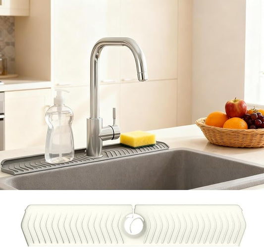 30 Inch Silicone Kitchen Sink Faucet Mat, Adjustable Waterproof Splash Guard Draining Mat Keep Countertops Dry (White)