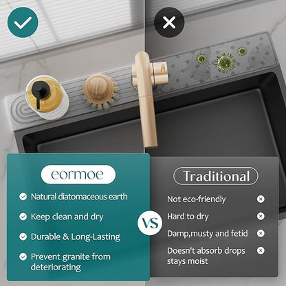 eormoe Diatomite Kitchen Faucet Mat - 14Inch Water Absorbing Stone Tray for Sink, Stone Fast-Drying Faucet Mat for Kitchen Counter Sink Accessories (Grey, 14'' x 3.9'')