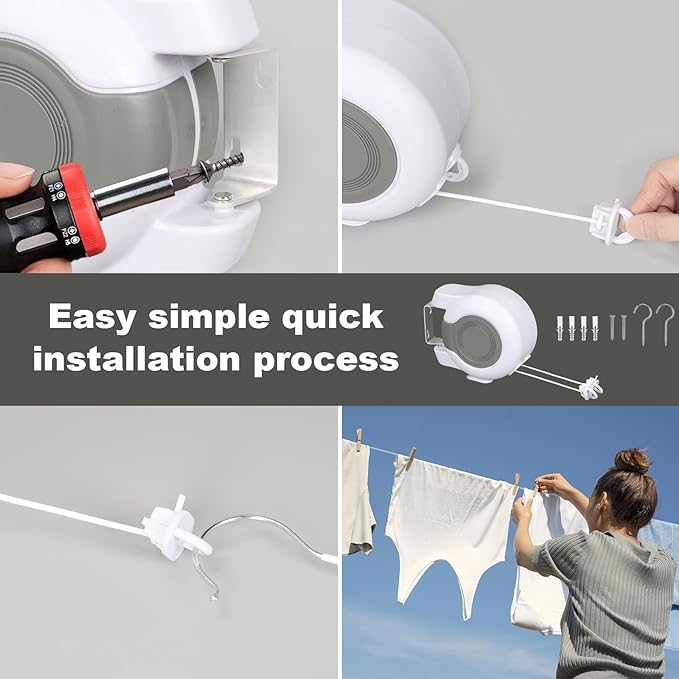 Retractable Clothesline Outdoor - 2x49 Feet Heavy Duty Dual Clotheslines for Outside Laundry Drying, Wall-Mounted & Portable Installation