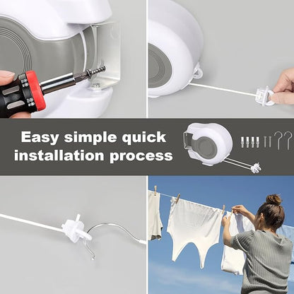 Retractable Clothesline Outdoor - 2x49 Feet Heavy Duty Dual Clotheslines for Outside Laundry Drying, Wall-Mounted & Portable Installation
