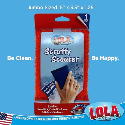 LOLA Scruffy Jumbo Scouring Pad, Reusable Cleaning Pads, Wire Cloth w/Foam Sponge Core, Won't Scratch Most Surfaces, Assorted Colors, 1 Pack