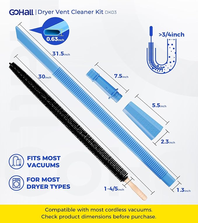 2 Pieces Dryer Vent Cleaner Kit - Flexible Dryer Lint Vacuum Attachment and Bendable Dryer Lint Brush - Lint Remover Compatible with All Vacuum Cleaner Laundry Room (Blue)