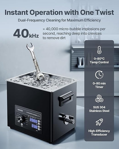 VEVOR 10L Ultrasonic Cleaner, Professional Ultrasonic Cleaner Machine with Knob Control, Stainless Steel Cleaning Machine with Basket and Cleaning Ball, for Watches, Razors, Jewelry, Coins and More