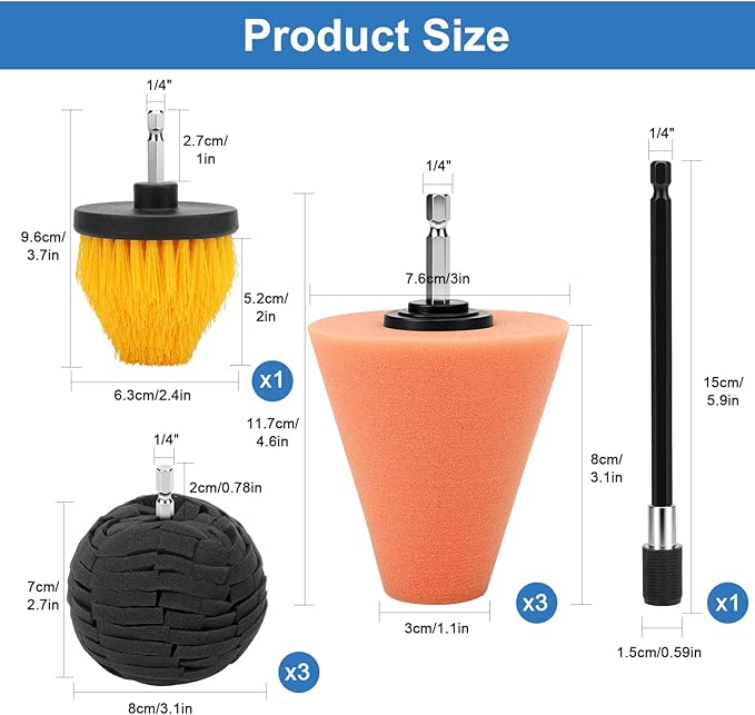Linkstyle 8Pcs Drill Polishing Cone & Ball Sponge Set, Foam Buffing Pads with Extension Holder & Brush, 1/4" Hex Shank for Electric Drill, Car Wheel Hub Rim & Metal Polisher Tool Kit
