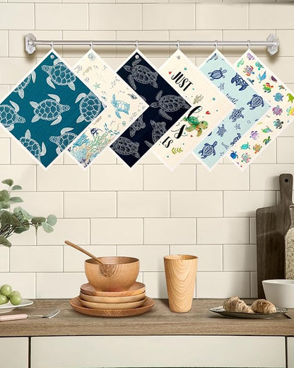 Miss Adola Kitchen Swedish Dishcloths with Hooks - 6 Pack Reusable Dish Cloths for Washing Dishes Fast Drying Cute Fun Swedish Dish Towels Washable Cleaning Sponge, Blue Turtle