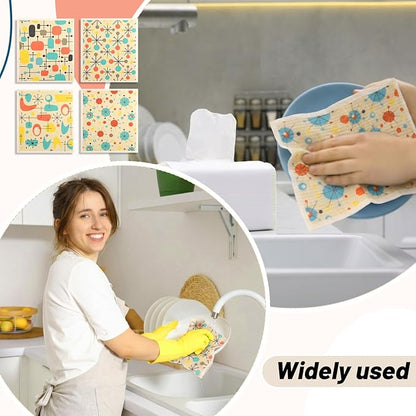 8 Pcs Swedish Dishcloths Kitchen Dish Towel Reusable Washable Kitchen Towels Nordic Nature Retro Mid-Century (Retro Atomic)