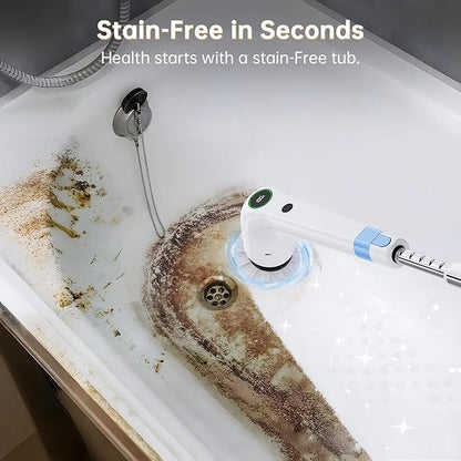 PUFTEM Electric Spin Scrubber, Cordless Shower Scrubber with 8 Scrub Brush, 2 Speed with Adjustable Extension Handle, Battery Level Display, Power Scrubber for Bathroom Bathtub Tile Floor, White