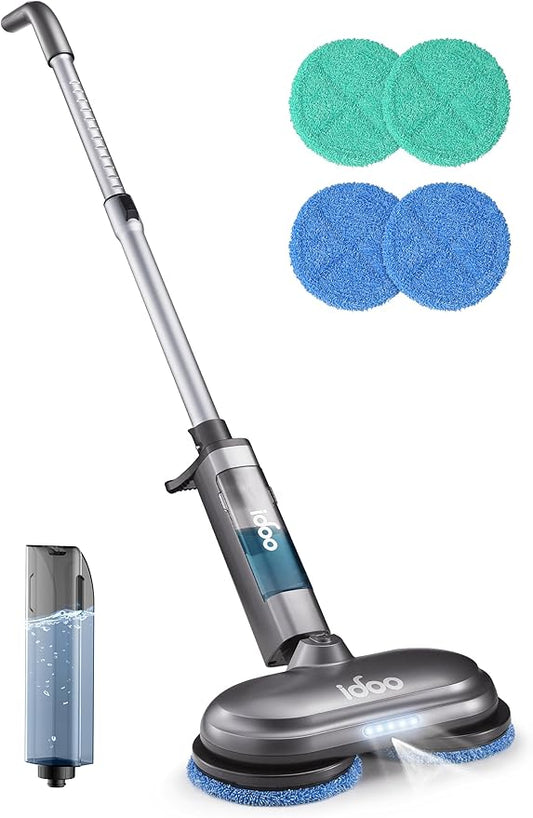 iDOO Cordless Electric Mop, Rechargeable Spin Mop with Water Spray & LED Headlight, Quiet Self Propelled Floor Cleaner, Lightweight Floor Scrubber for All Floors