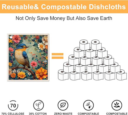 6 Pack Swedish Dishcloths for Kitchen - Reusable Dish Paper Towels Wash Cloths Washable,Absorbent Cellulose Cleaning Sponge Cloth Wipes Quick Dry, Decorative Tea Towels,No Odor Biodegradable(Bird)