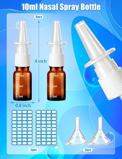 10 Pcs Nasal Spray Bottle, 10ML/0.35OZ 6Pcs Empty Glass Brown Scale Nose Spray Bottles Refillable with 2 Funnels and 2 Labels
