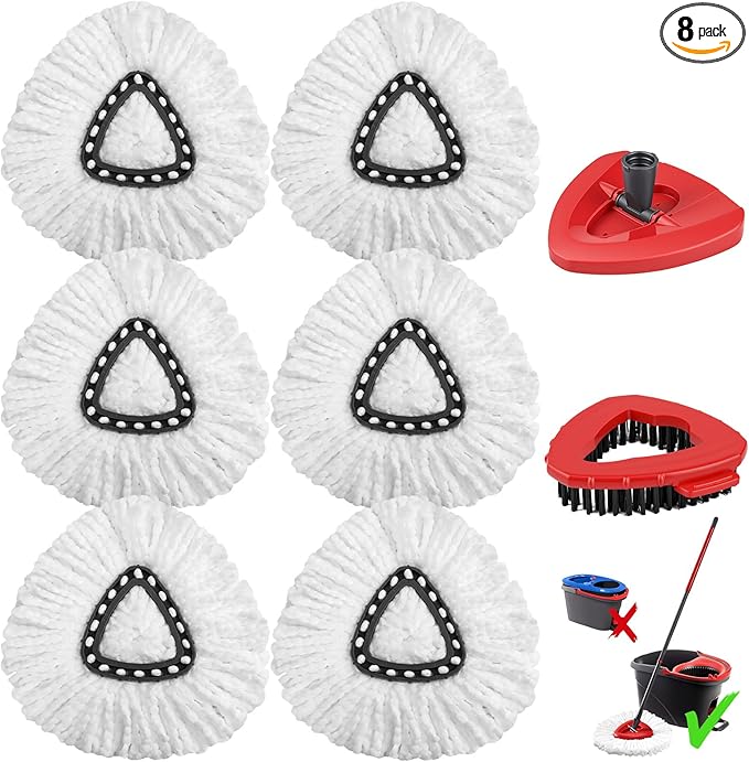 8 Pack Mop Replacement Heads with Base and Floor Scrub Brush, Compatible with Ocedar Systems, Microfiber Replace Heads, Snap-On Floor Cleaning Accessories
