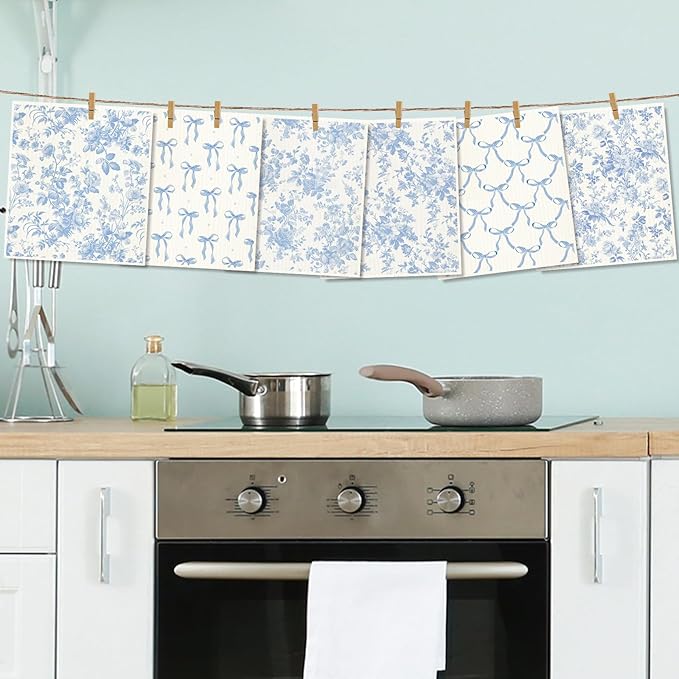Whaline 6 Pcs Blue White Flower Swedish Dishcloths Chinoiserie Floral Bow Absorbent Decorative Cotton Dish Towel for Home Kitchen Cooking Cleaning Decor Housewarming Gift, 7 x 8 Inch