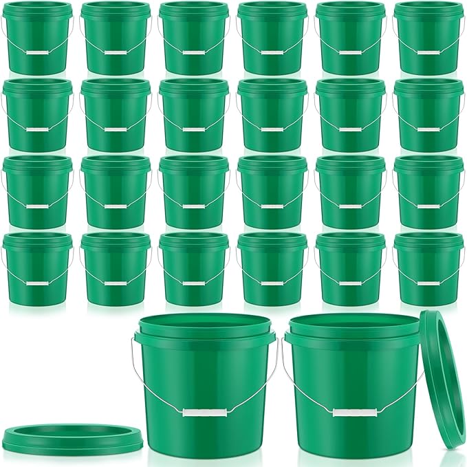 Tioncy 24 Pcs 2 Gallon Plastic Bucket with Lid Heavy Duty 2 Gallon Bucket Pail with Lid Handle for Storage Container Home Household Cleaning (Green)