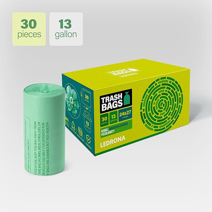 30 Compostable Trash Bags - 13 Gallon Garbage Bags for Kitchen Bin - Unscented, Leak Proof, Extra Strong - Disposable Food Waste Basket Liners - Certified by BPI & OK compost HOME by TÜV AUSTRIA