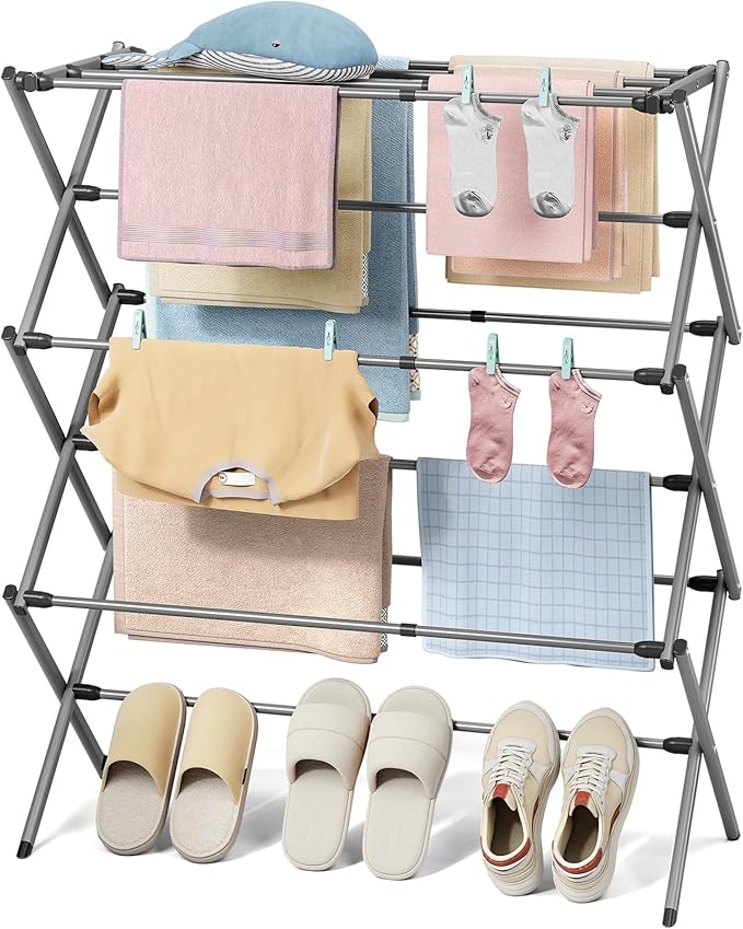 KINGBOARD Clothes Drying Rack, Collapsible Drying Rack Clothing with 11 Poles, 3-Tier Laundry Drying Rack, Small Clothes Drying Rack Foldable for Baby Clothes Sock Towel, 25lb Capacity, Grey