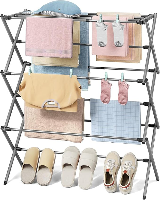 KINGBOARD Clothes Drying Rack, Collapsible Drying Rack Clothing with 11 Poles, 3-Tier Laundry Drying Rack, Small Clothes Drying Rack Foldable for Baby Clothes Sock Towel, 25lb Capacity, Grey