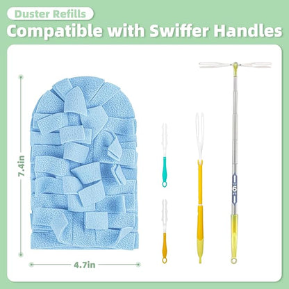 12 PCS Fleece Reusable Duster Refills Compatible with Swiffer Handle, Washable Heavy Duty Duster Pads for Fan, Window, Furniture, Car, 360 Cleaning Cloths Include 1 Handle