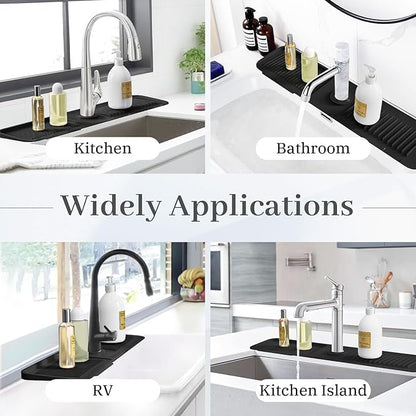 PoYang 24 Inch Faucet Mat for Kitchen Sink Splash Guard Behind Faucet, Sink Protectors for Kitchen Sink Faucet Mat Splash Guard for Kitchen Sink Area, Longer Silicone Faucet Guard Draining Mat, Black