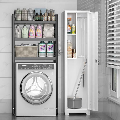 Broom Closet Storage Cabinet,65" H Slim Tool Cabinets with Locking Door and 2 Shelves,Utility Cabinet with Hanging Rod and Hooks for Home Office,White