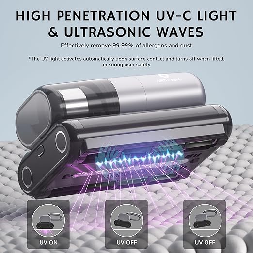 AIRTHEREAL Bundle | M1 Mattress Vacuum Cleaner with 4-Spare Filters, Bed Vacuum with High-Frequency Vibration - 80,000 RPM Dual Brushroll Rotation, UV-C Light, Dust Sensor