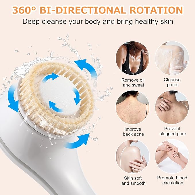 Electric Body Brush Rechargeable Back Scrubber for Shower Exfoliating Bath Brush Long Handle for Shower Lotion Applicator for Back Silicone Body Scrubber with 6 Shower Brush Heads