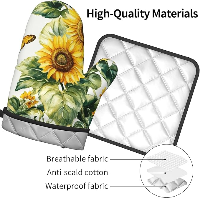 Sunflower Oven Mitts and Pot Holders Spring Summer Kitchen Accessories Set of 2 Floral Plant Botanical Gloves Potholder for Chef Cooking Baking Grilling BBQ