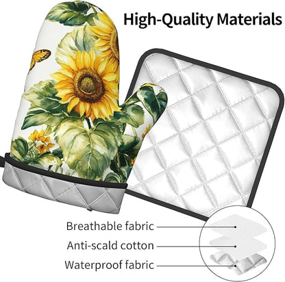 Sunflower Oven Mitts and Pot Holders Spring Summer Kitchen Accessories Set of 2 Floral Plant Botanical Gloves Potholder for Chef Cooking Baking Grilling BBQ