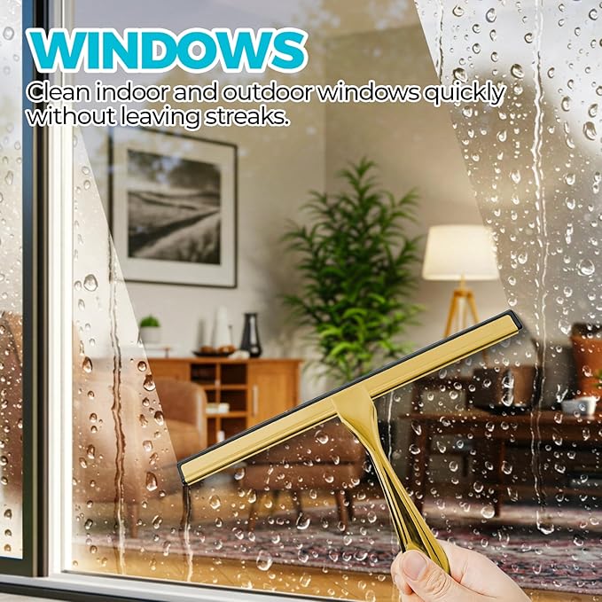 ALFLOD 2PACK All-Purpose Shower Squeegee for Shower Doors, Bath Linen Sets, Tile Shower Walls, Bathroom, Window, Glass and Car Windshield, Mirrors and Kitchen-Stainless Steel,9.8 inch Golden